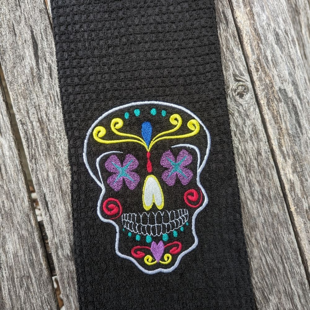 Sugar skull Halloween fall kitchen towel black embroidered dia de Los muertos